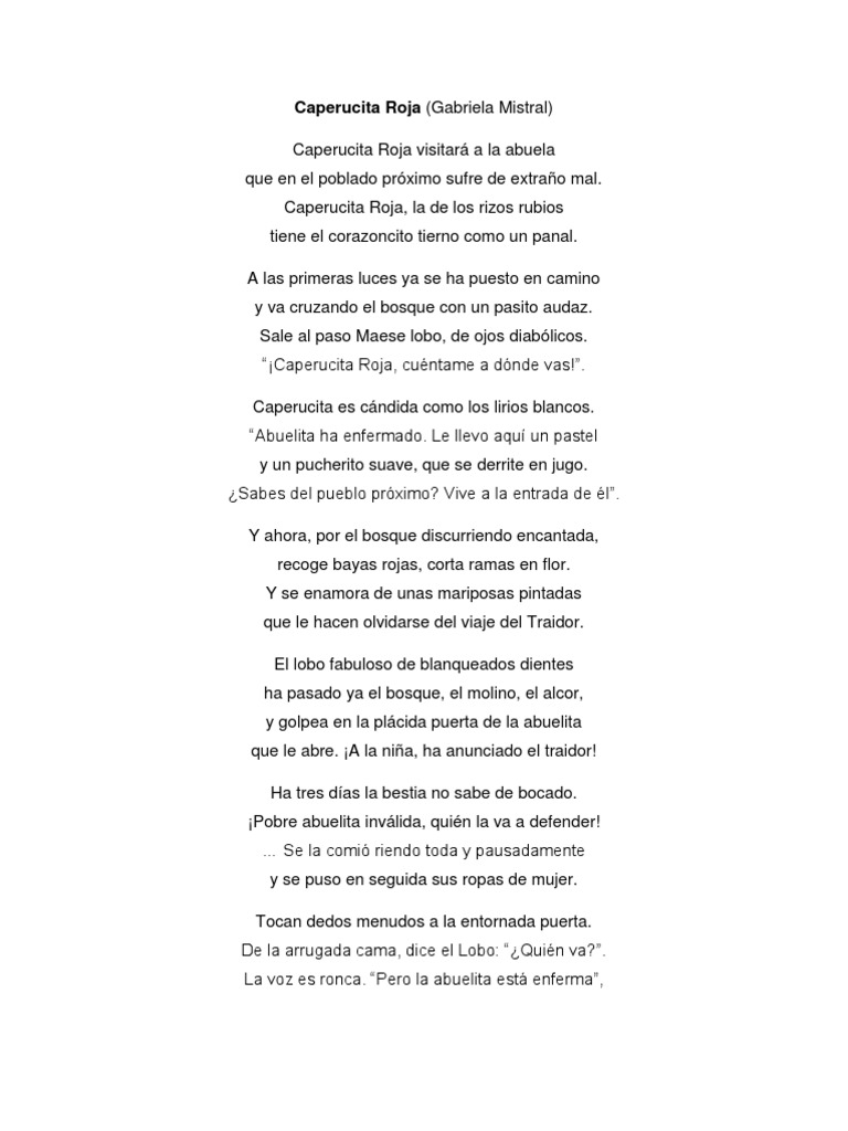 Caperucita Roja Poema Gabriela Mistral Pdf Personas Poesia