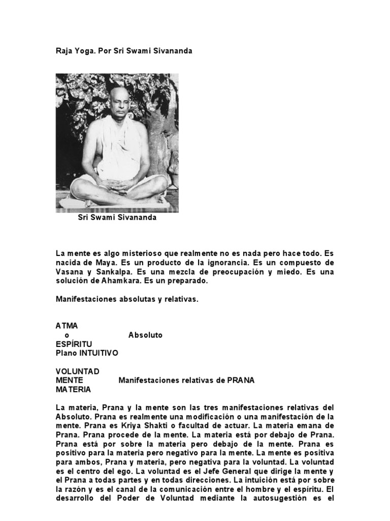 Raja Yoga según Swami Sivananda | PDF | Yoga | Mente