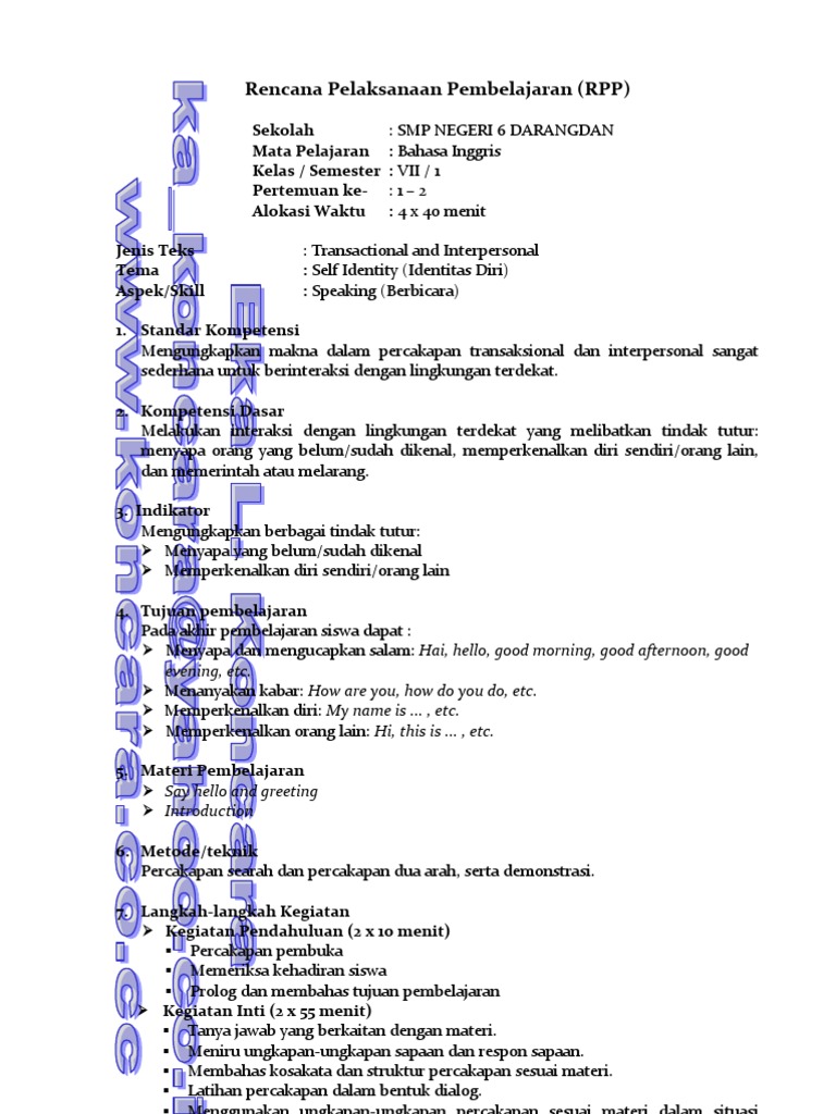 Rpp Bahasa Inggris Smp Kelas 7