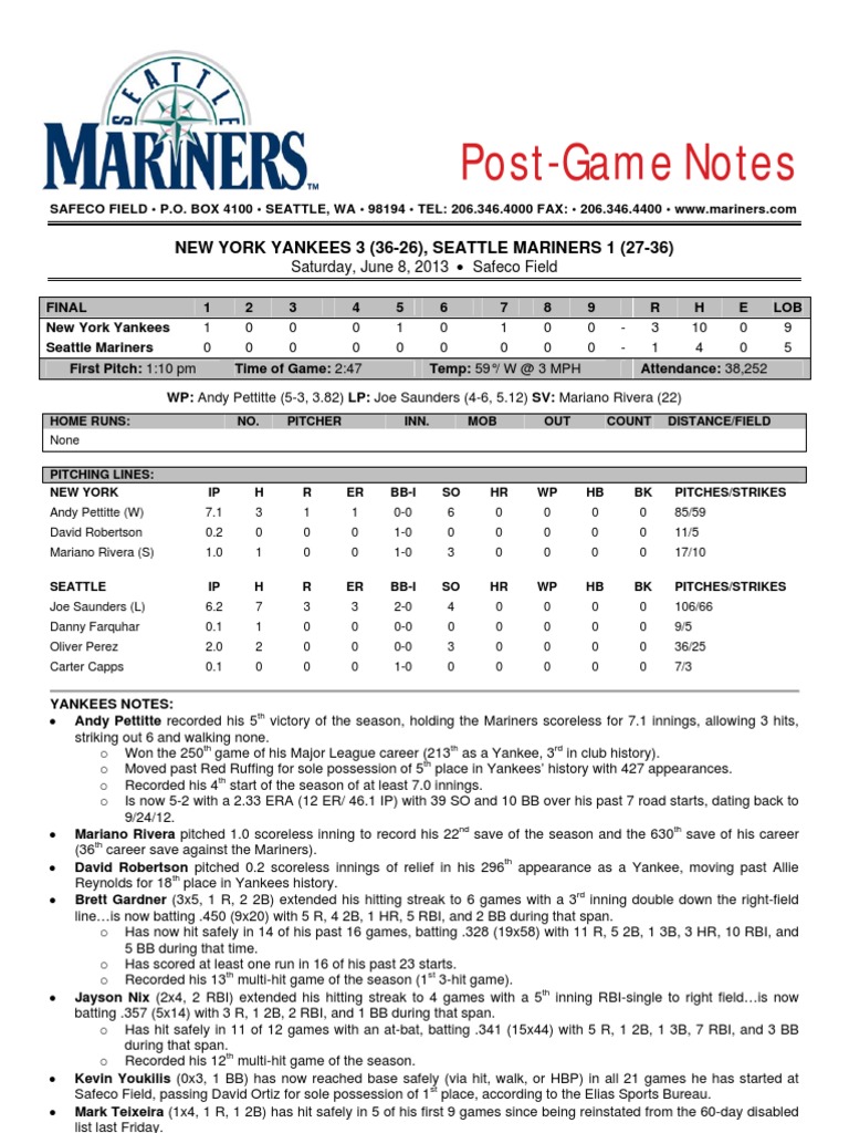 06.08.13 Post-Game Notes | PDF | Home Run | New York Yankees
