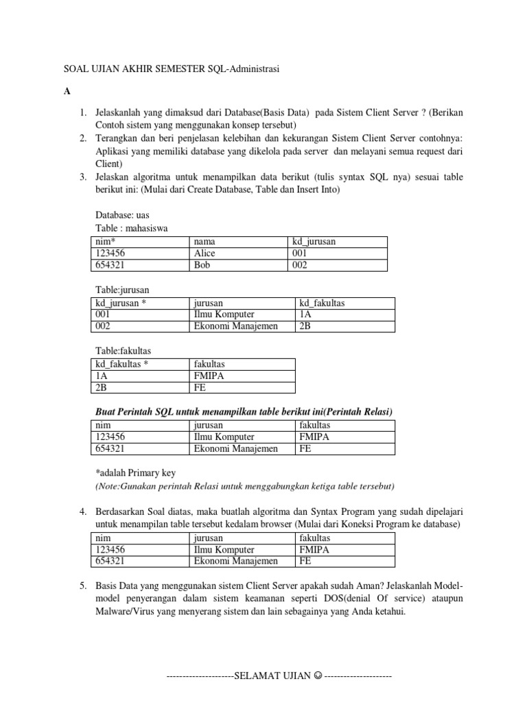 Soal Ujian Akhir Semester Sql Administrasi