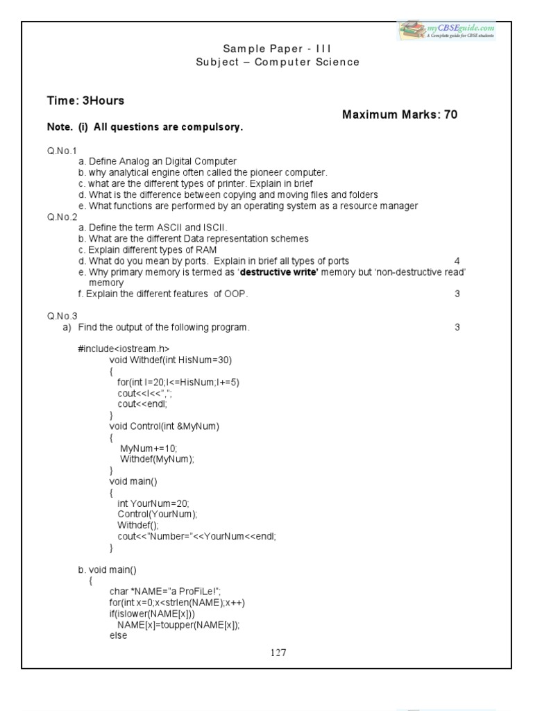 Computer Science Sample Paper III | PDF