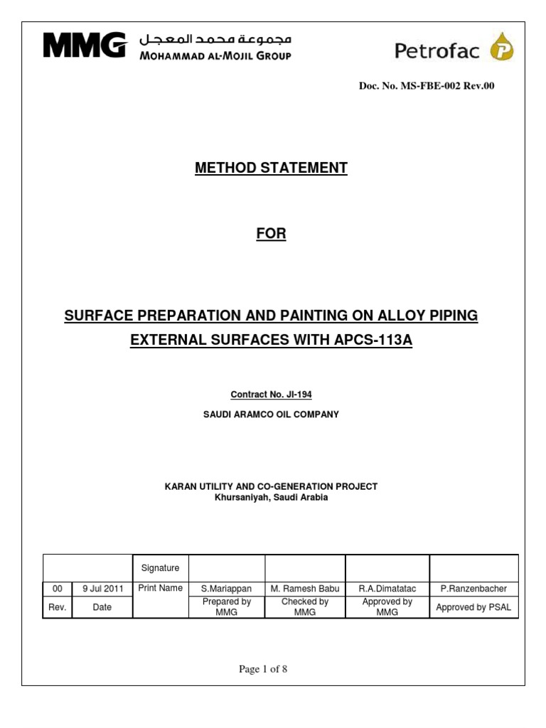 APCS-113A Coating Method Statement | PDF | Paint | Pipe (Fluid Conveyance)