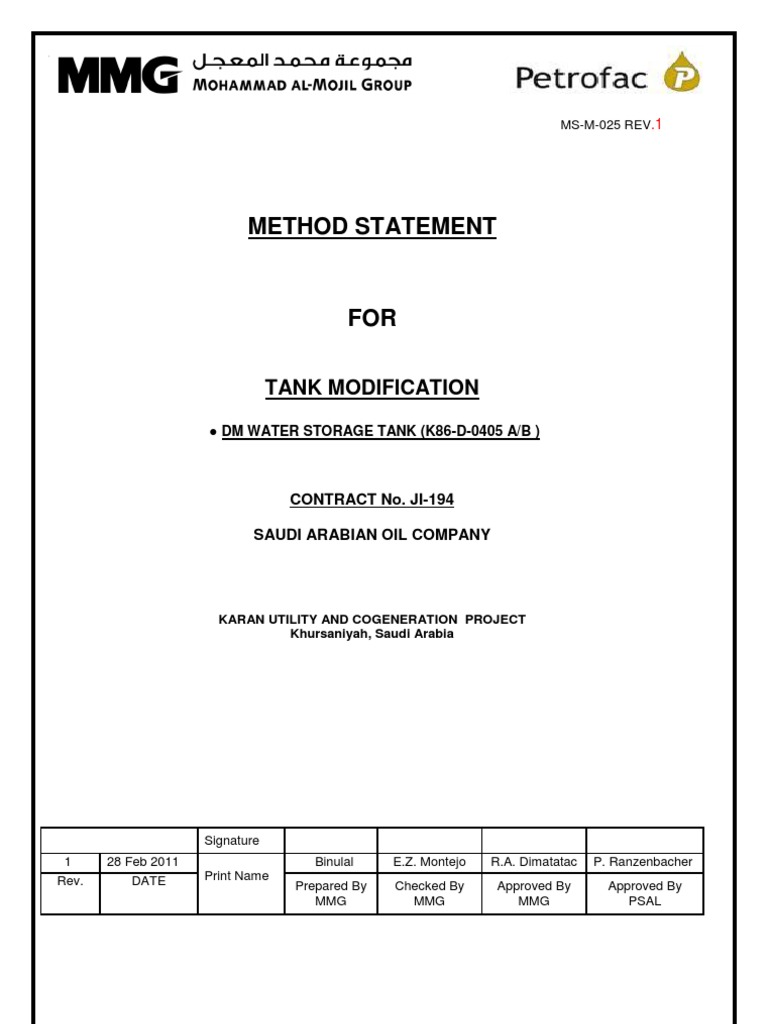 Tank Modification Method Statement | PDF | Welding | Construction