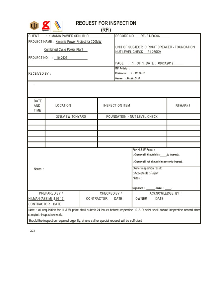 RFI for Circuit Breaker Foundation Check | PDF