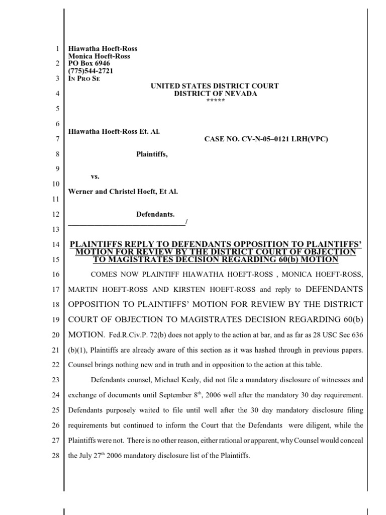 Plaintiffs' Reply on Motion Review | PDF | Discovery (Law) | Motion To ...