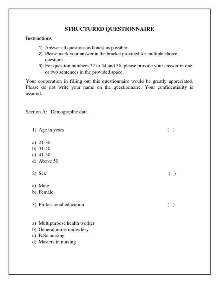 sample questionnaire for nursing research