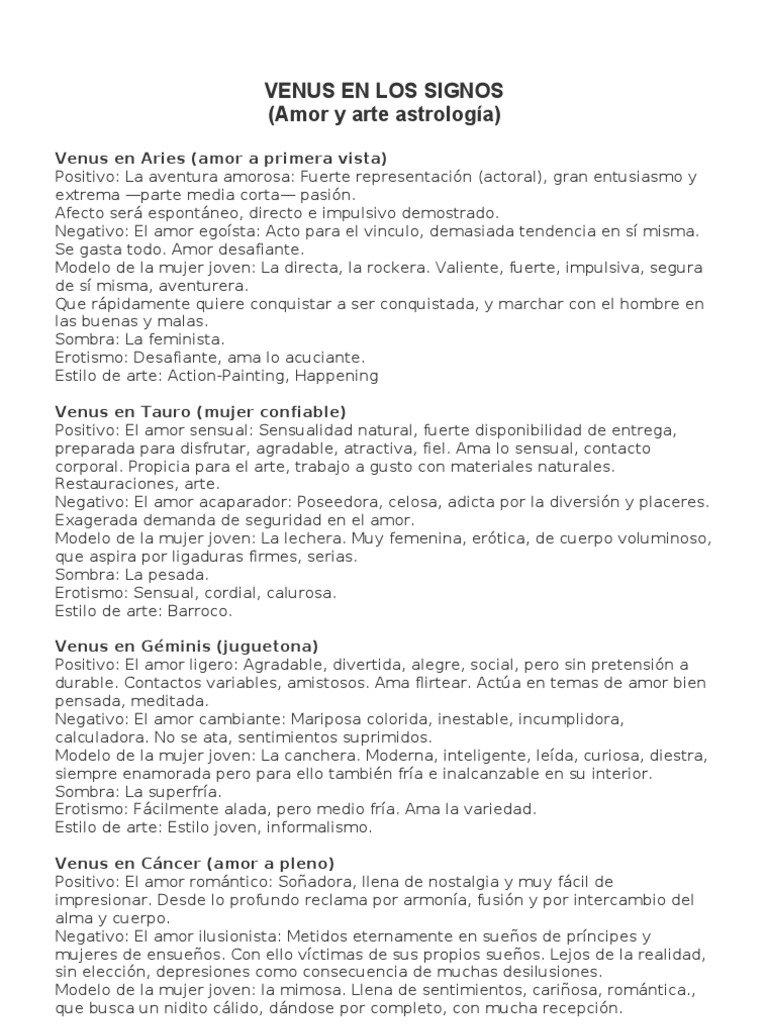 Venus en los Signos del Zodiaco | PDF | Erotismo | Amor