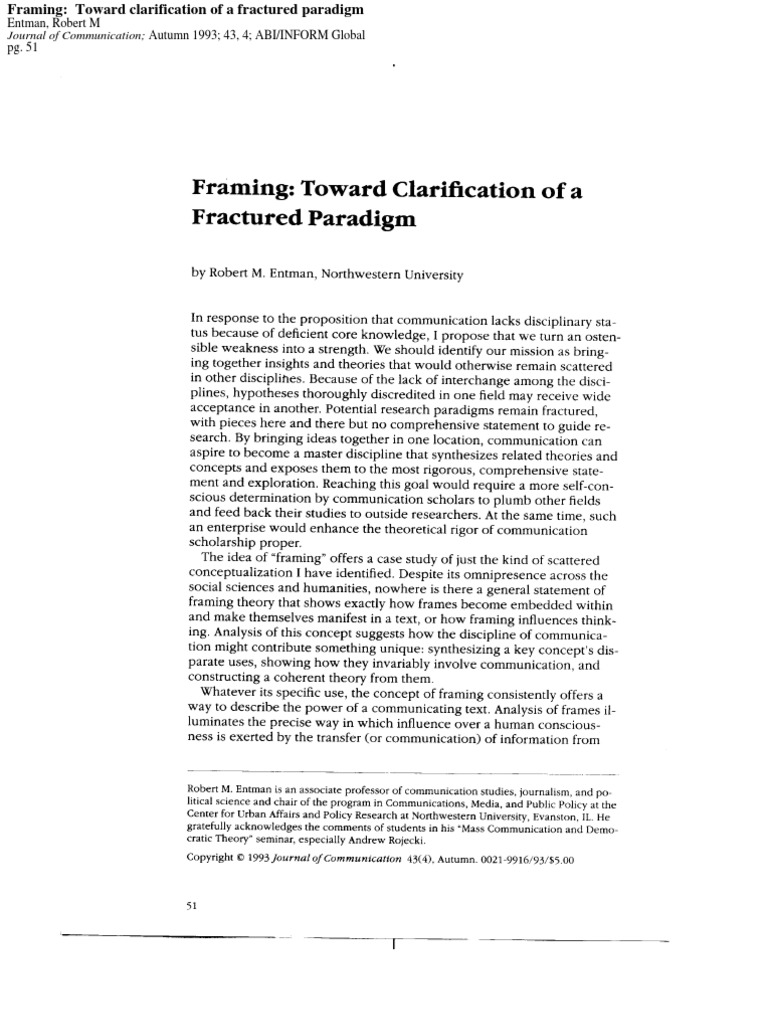 Entman 1993 FramingTowardclarificationOfAFracturedParadigm | PDF