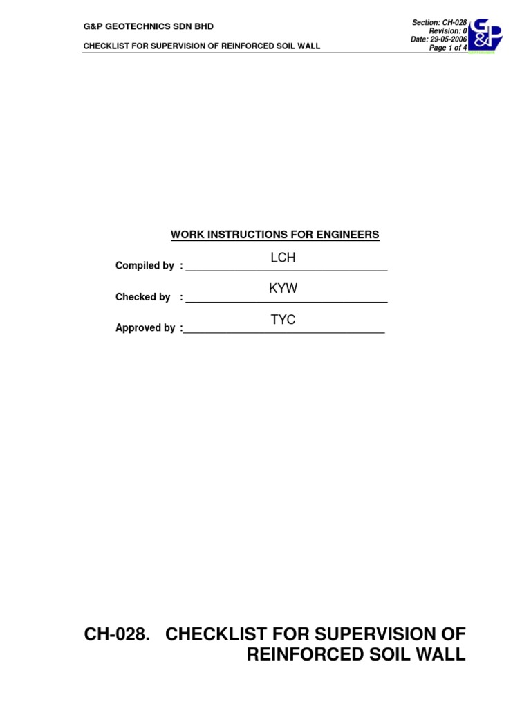 Supervision Checklist for Soil Walls | PDF | Precast Concrete | Concrete