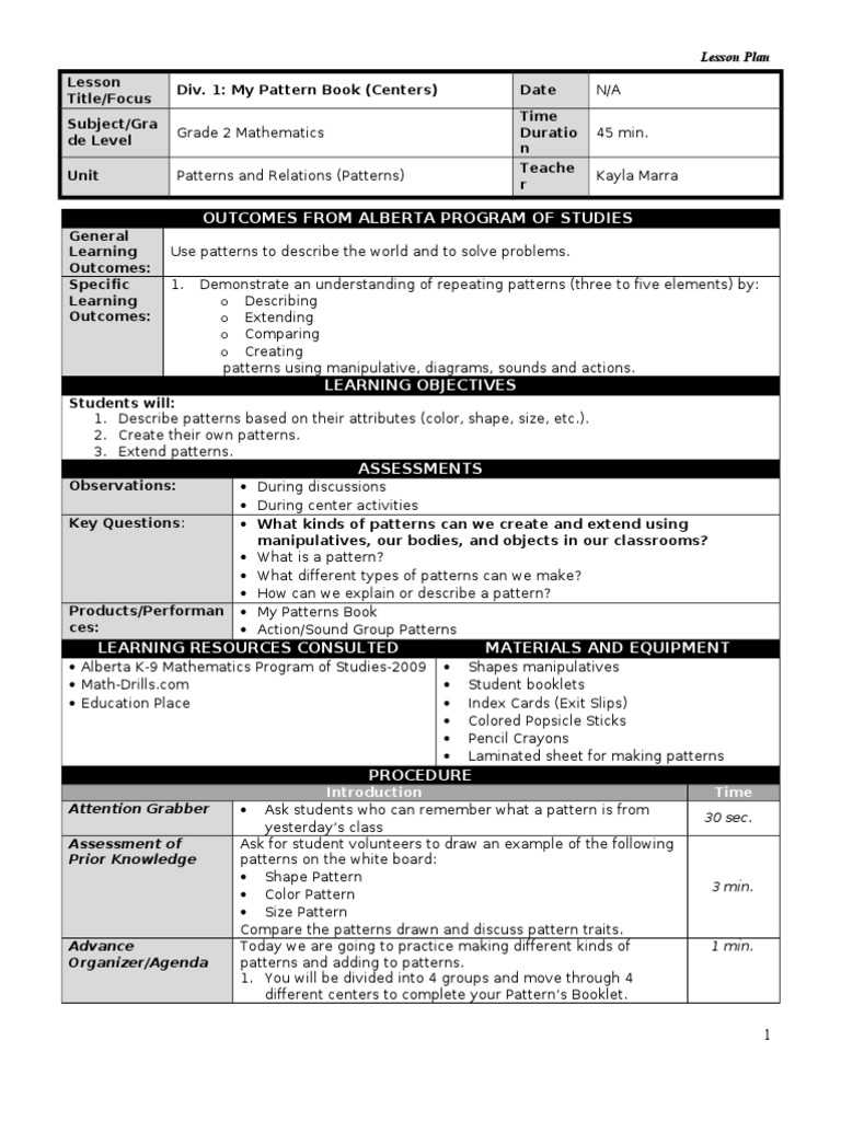 Div 1 Lesson Plan | PDF | Pattern | Lesson Plan