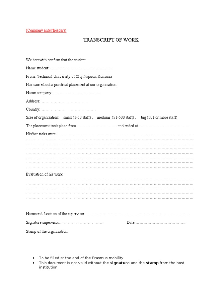 Erasmus Placement Transcript Template | PDF | Career & Growth