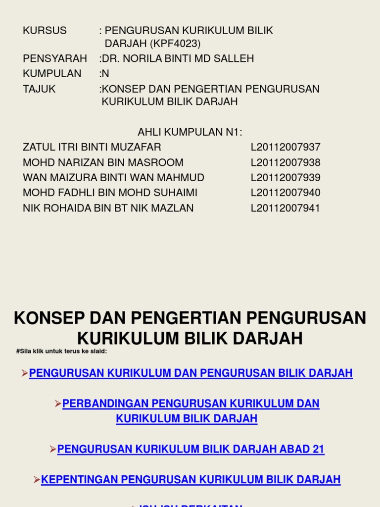Kumpulan N1 Konsep Dan Pengertian Pengurusan Kurikulum Bilik Darjah
