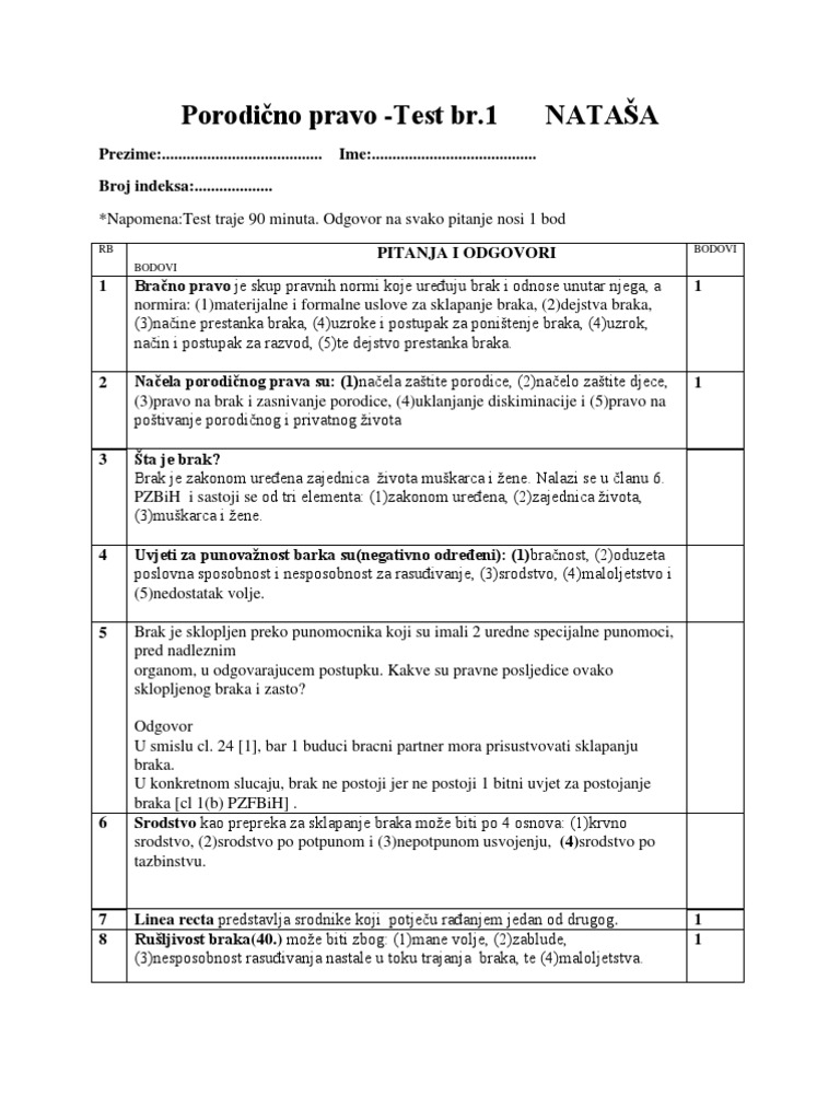 Porodično Pravo TEST 1 | PDF
