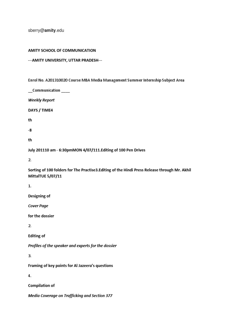 Weekly Internship Report: Media Management | PDF | Career & Growth