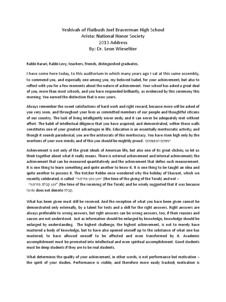 Yeshivah of Flatbush Joel Braverman High School Arista: National Honor