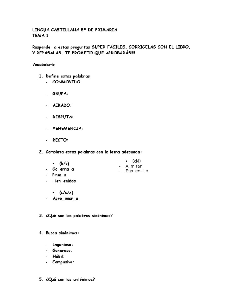 Exámenes Lengua 5º Primaria Santillana | PDF