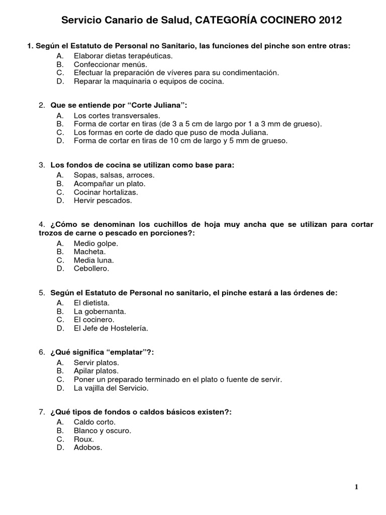 Privilegiado No esencial Saltar Test Cocinero Canarias 2012 PDF | PDF | Dieta | Alimentos