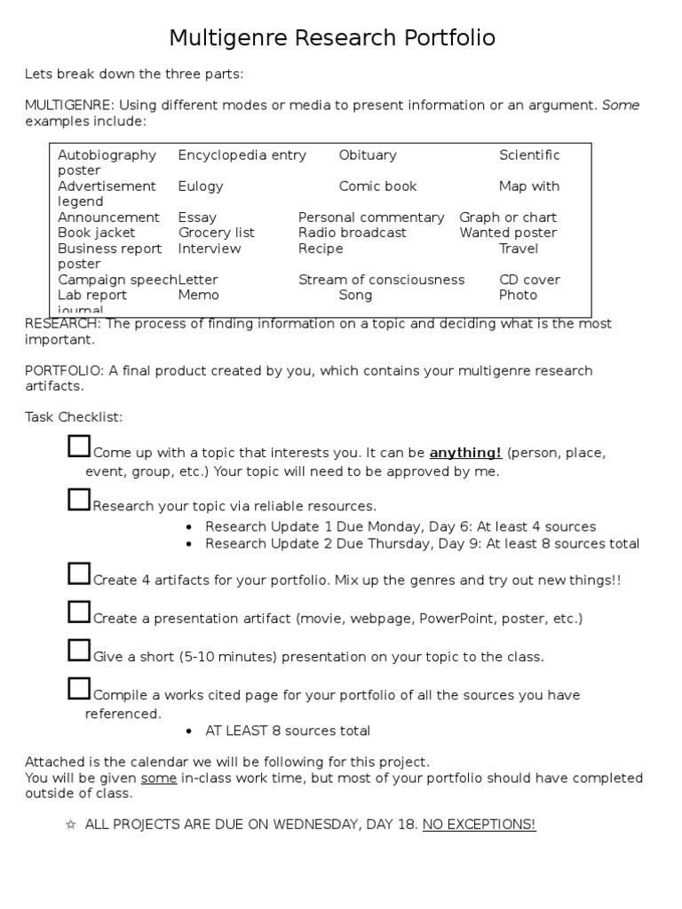 Multigenre Research Portfolio Guide | PDF | Mass Media | Communication