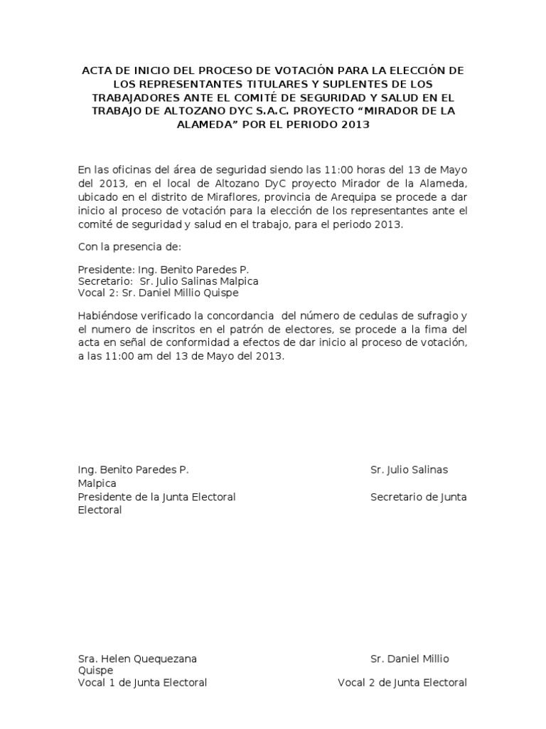 ACTA DE INICIO DEL PROCESO DE VOTACIÓN PARA LA ELECCIÓN DE LOS ...