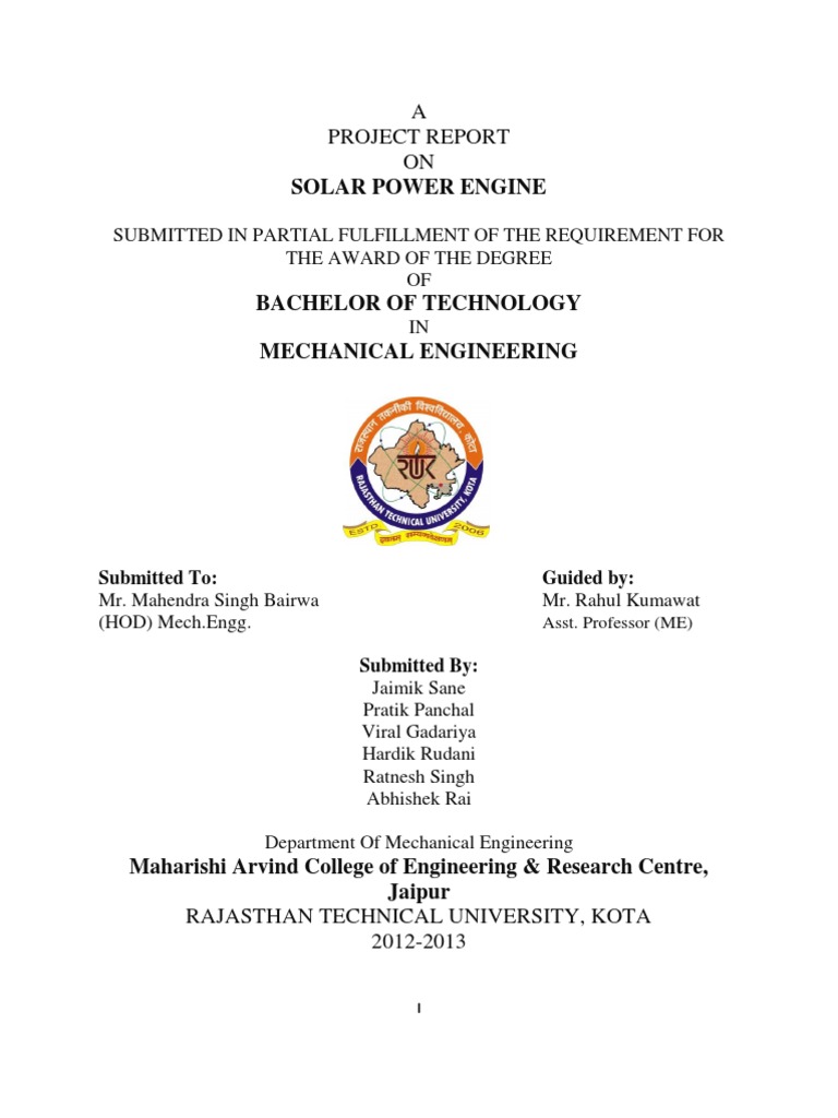 Solar Power Engine Project Report | PDF | Renewable Resources | Energy ...
