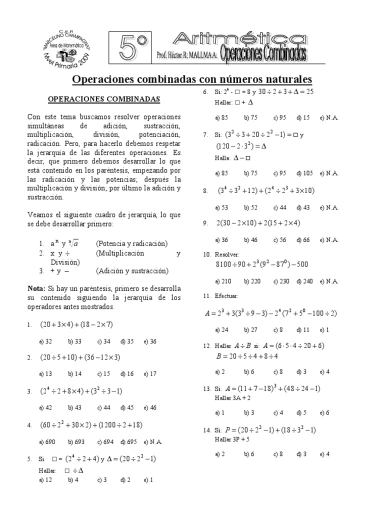 Operaciones combinadas con Números Naturales 5°grado