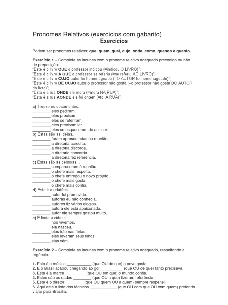 Exercicios Sobre Pronome Relativo 8O Ano Com Gabarito