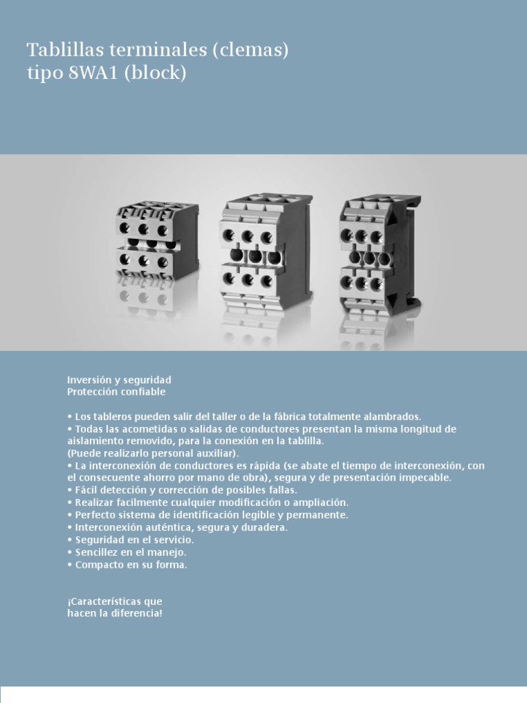 Características y especificaciones técnicas de tablillas terminales tipo  8WA1 para tableros eléctricos, PDF, Tornillo