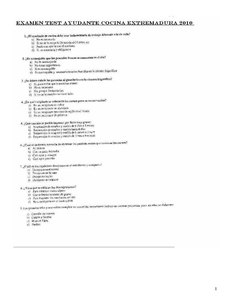 Test de Ayudante de Cocina con Respuestas | PDF