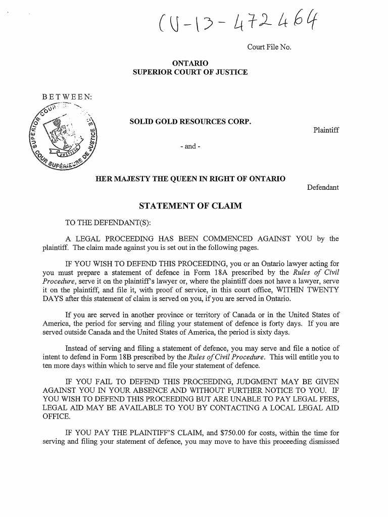 Statement of Claim Solid Gold and Ontario PDF Lawsuit Damages