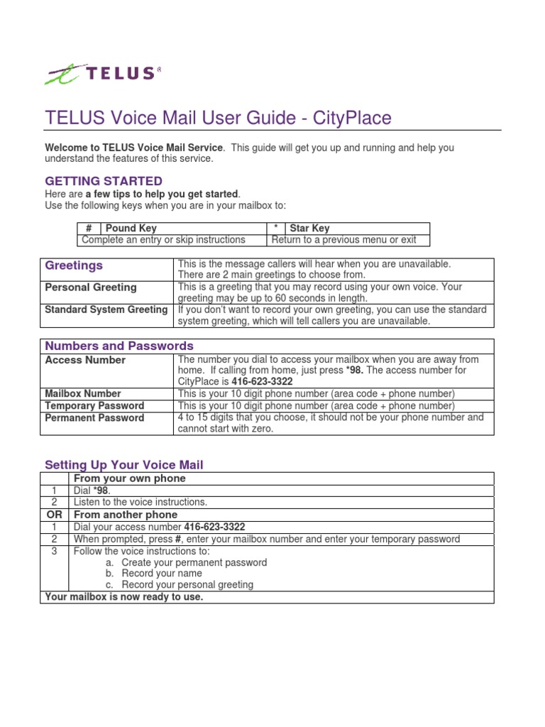 TELUS Voice Mail Guide Voicemail Telephone Number