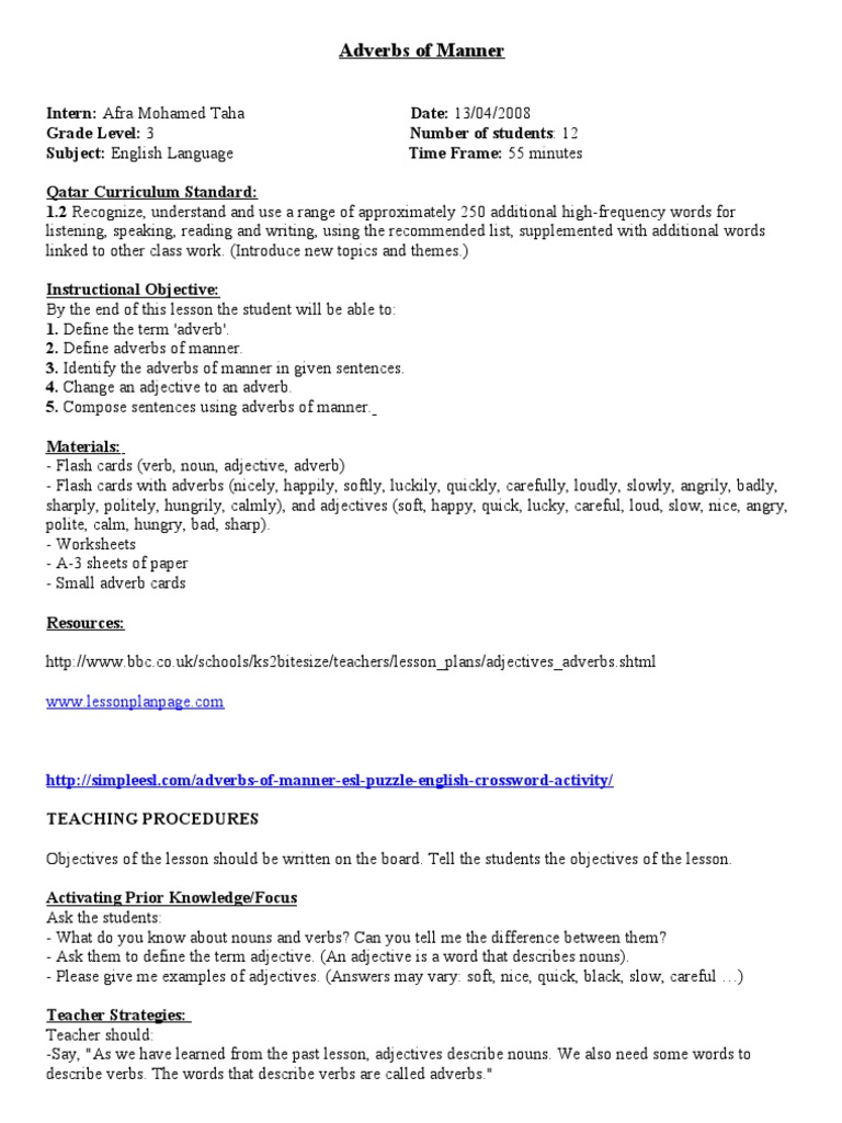 Adverbs Of Manner Lesson Plan Adverb Verb