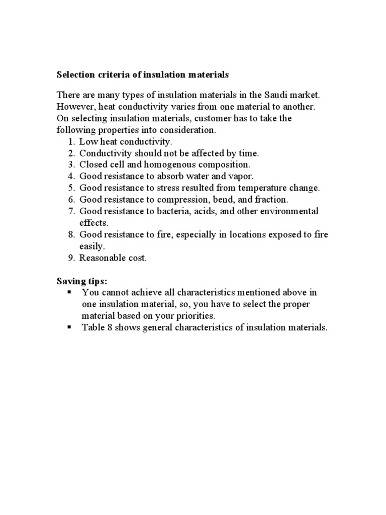 Criteria for selecting insulation materials