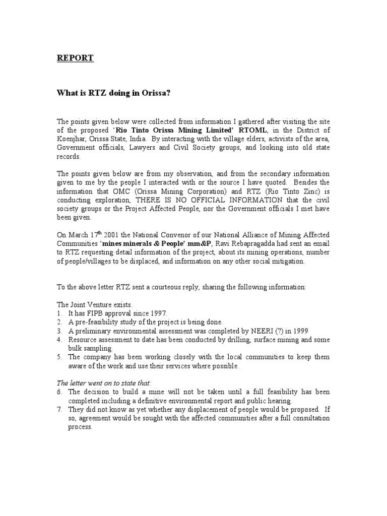 RTZ Mining Operations in Orissa Report | PDF | Mining | Nature