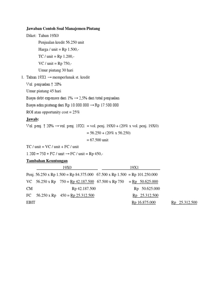 Jawaban Contoh Soal Manajemen Piutang