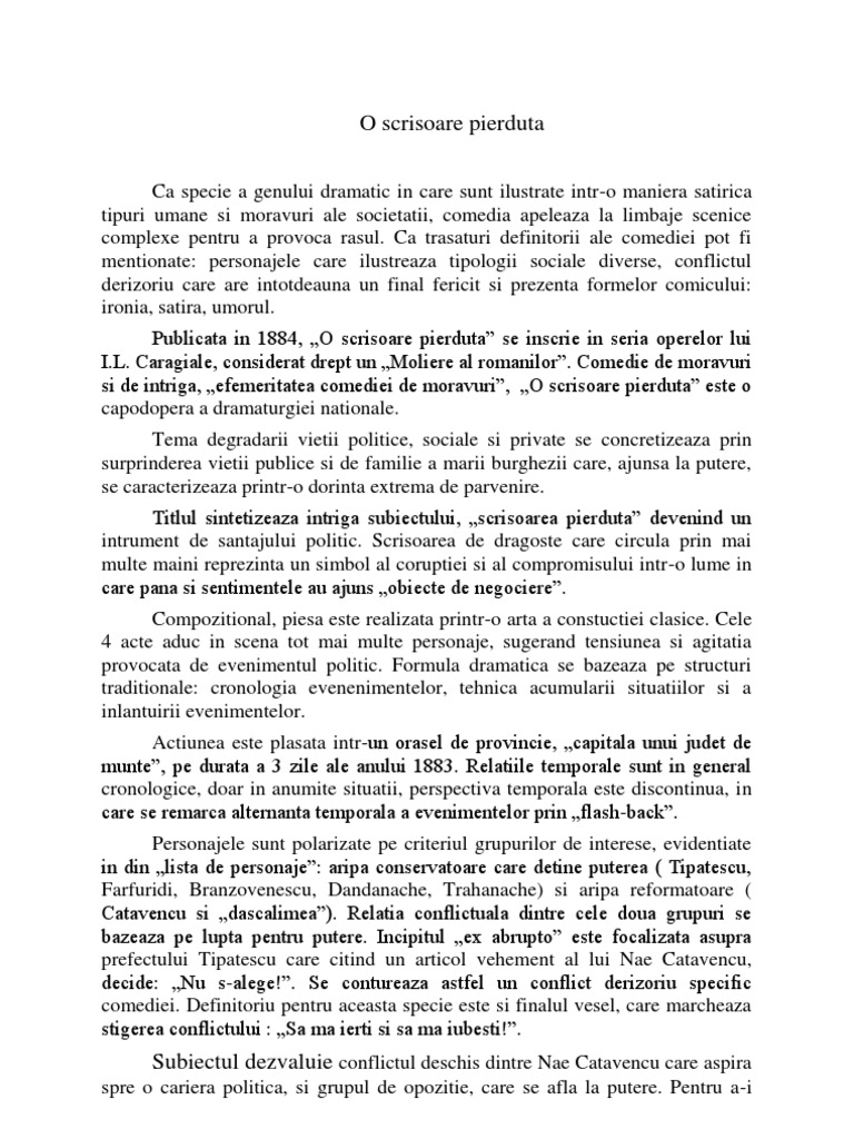 O Ramai Comentariu O Scrisoare Pierduta