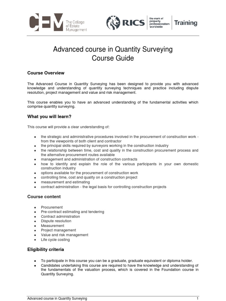 Advanced Quantity Surveying Course Guide | PDF | Procurement | Project ...