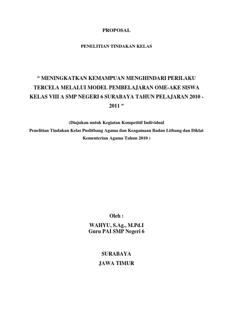 Contoh Proposal Penelitian Tindakan Kelas Pai Contoh