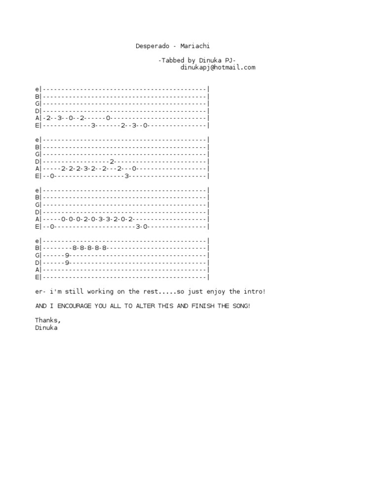 El Mariachi - Desperado Guitar Tabs