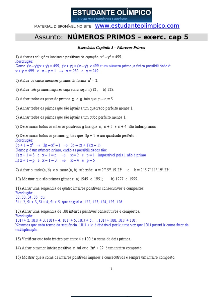 Exercícios sobre Números Primos | PDF | Número primo | Número inteiro