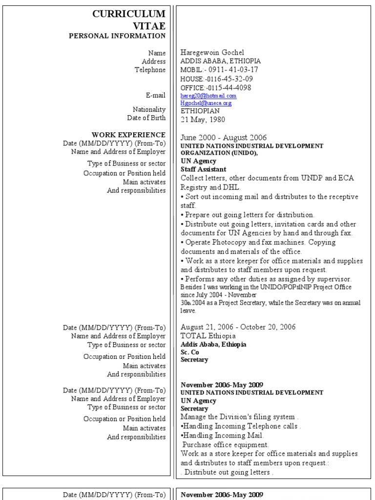 Sample cv for job application pdf in ethiopia image