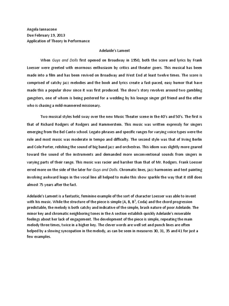 Essay On Adelaide S Lament Chord Music Performing Arts Adelaide's lament, from guys and dolls (1955). essay on adelaide s lament chord