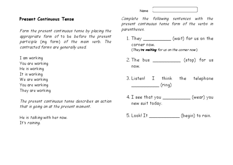 Present Continuous Tense Worksheet | PDF