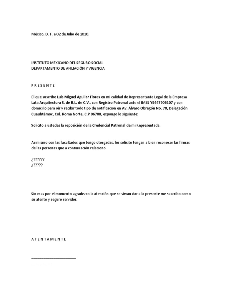 Escrito Reposicion Tarjeta Patronal