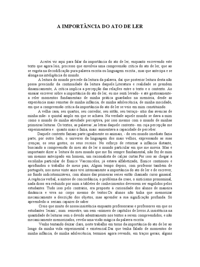 A Importância do Ato de Ler | PDF | Alfabetização | Realidade