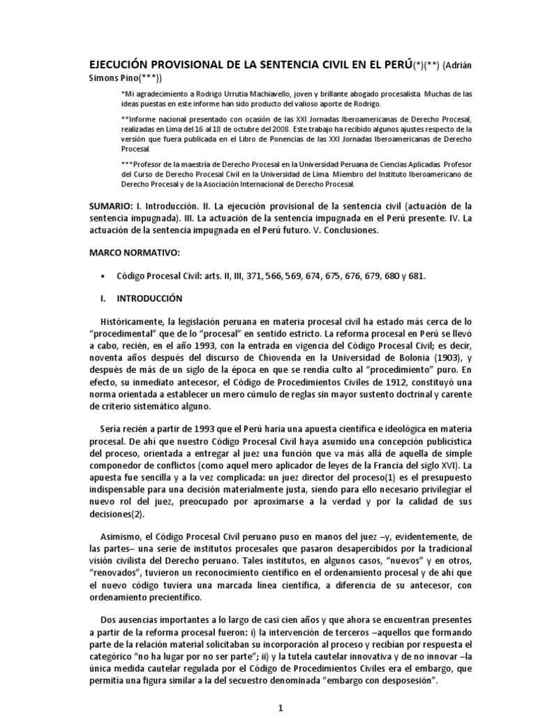Ejecución Provisional de Sentencias Civiles en Perú | PDF | Ley ...