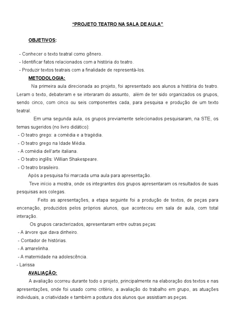 Projeto Teatro Na Sala de Aula | PDF