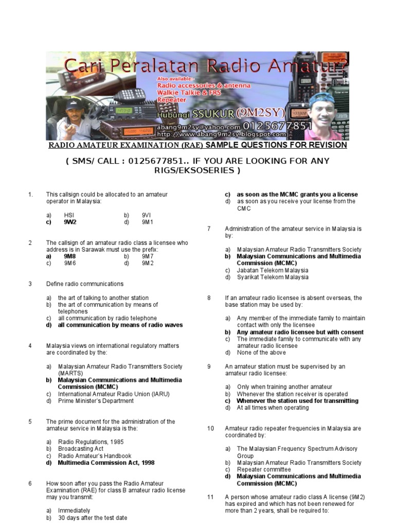 Radio Amateur Examination (Rae) Sample Questions For Revision (SMS ...