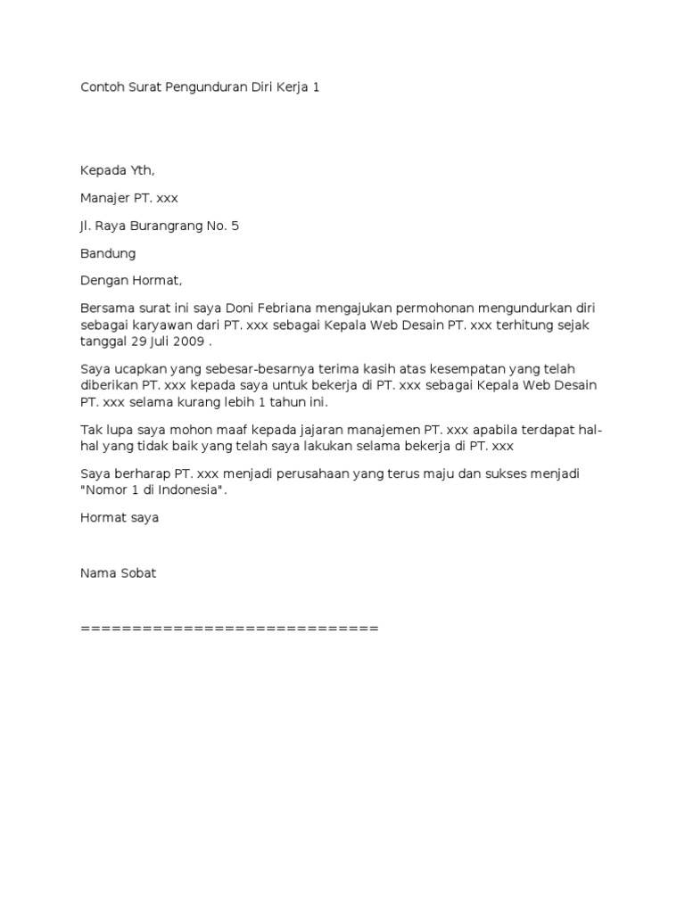 Contoh Surat Pengunduran Diri Kerja