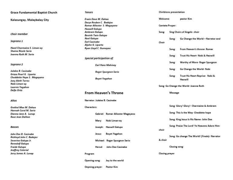 Grace Fundamental Baptist Choir Program | PDF | Poetry